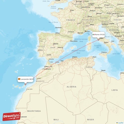 Lanzarote - Rome direct flight map
