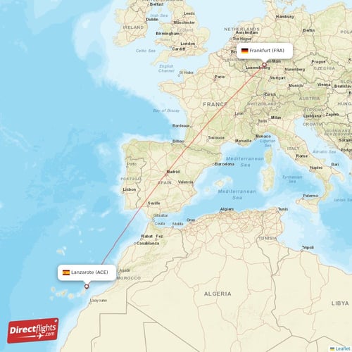 Lanzarote - Frankfurt direct flight map