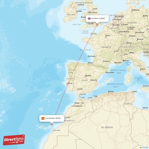 Lanzarote - London direct flight map