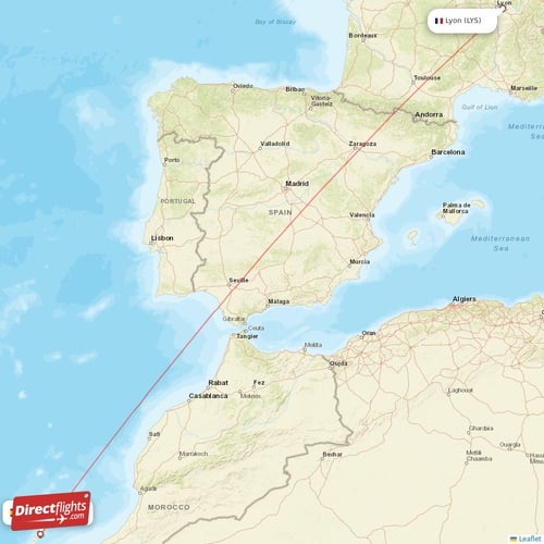 Lanzarote - Lyon direct flight map