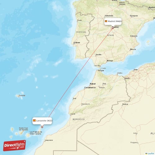 Lanzarote - Madrid direct flight map