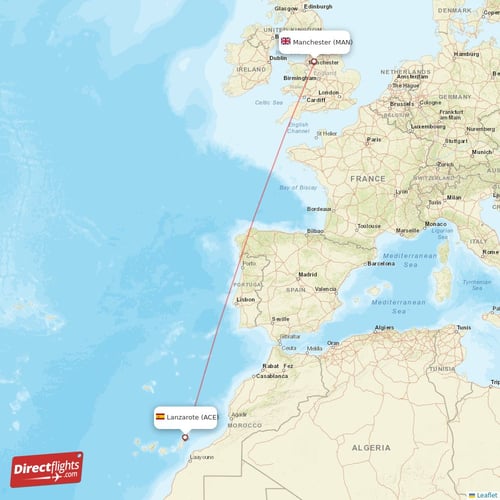 Lanzarote - Manchester direct flight map