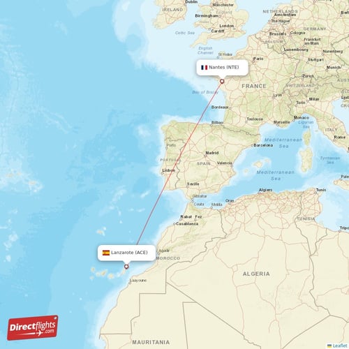 Lanzarote - Nantes direct flight map