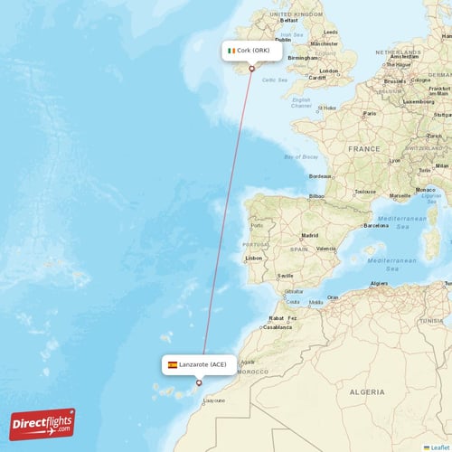 Lanzarote - Cork direct flight map