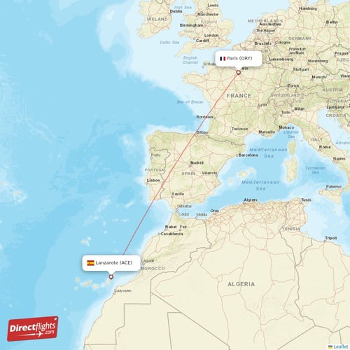 Lanzarote - Paris direct flight map