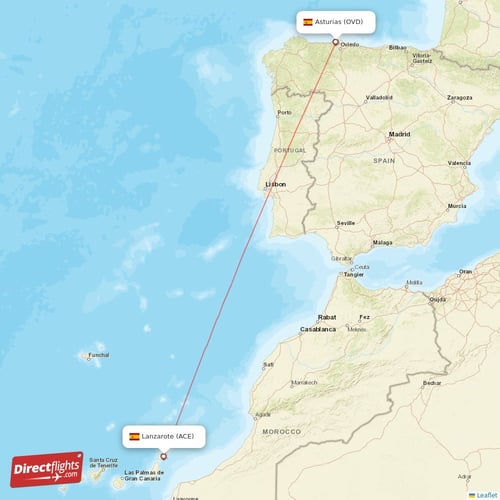 Lanzarote - Asturias direct flight map