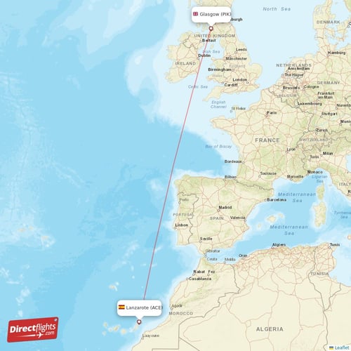 Lanzarote - Glasgow direct flight map