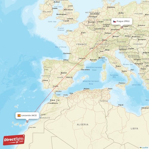 Lanzarote - Prague direct flight map