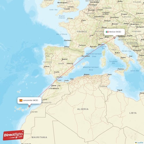 Lanzarote - Venice direct flight map