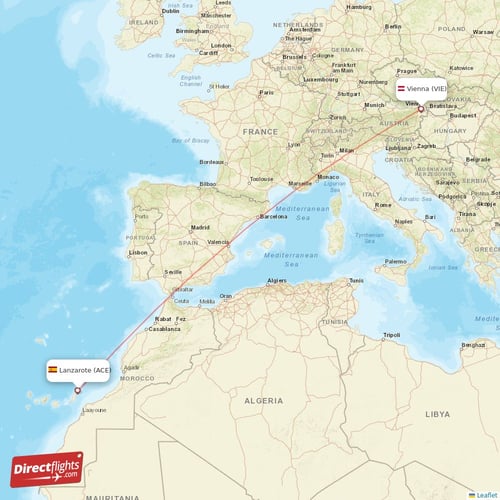 Lanzarote - Vienna direct flight map