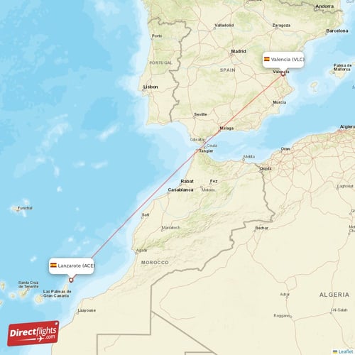 Lanzarote - Valencia direct flight map