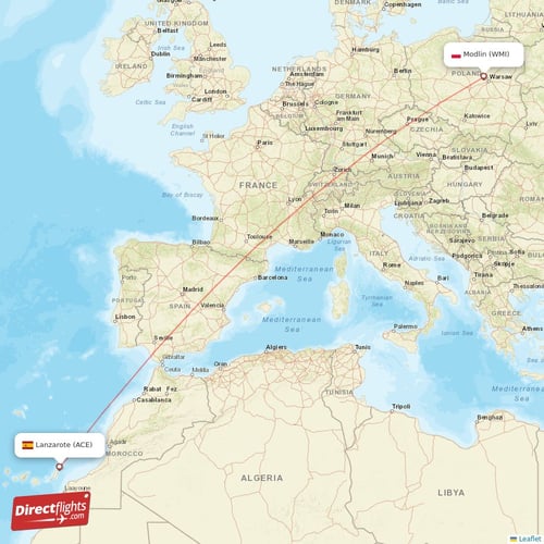 Lanzarote - Modlin direct flight map