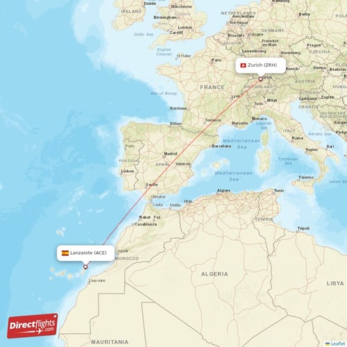 Lanzarote - Zurich direct flight map
