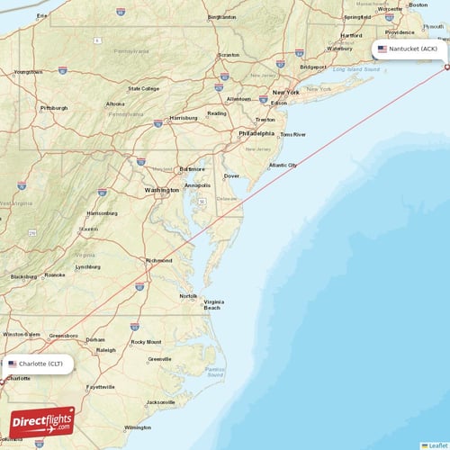 Nantucket - Charlotte direct flight map