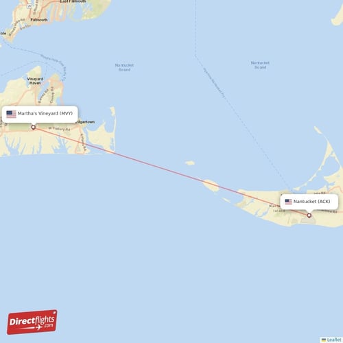 Nantucket - Martha's Vineyard direct flight map