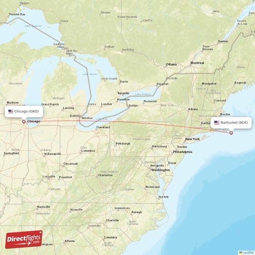 Nantucket - Chicago direct flight map