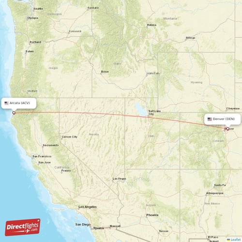 Arcata - Denver direct flight map