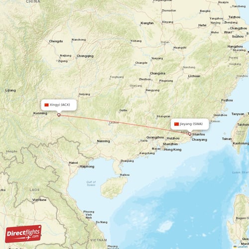 Xingyi - Jieyang direct flight map