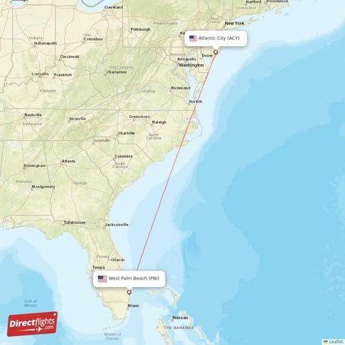 Atlantic City - West Palm Beach direct flight map