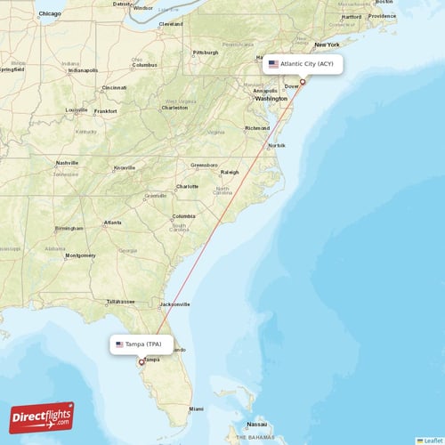 Atlantic City - Tampa direct flight map