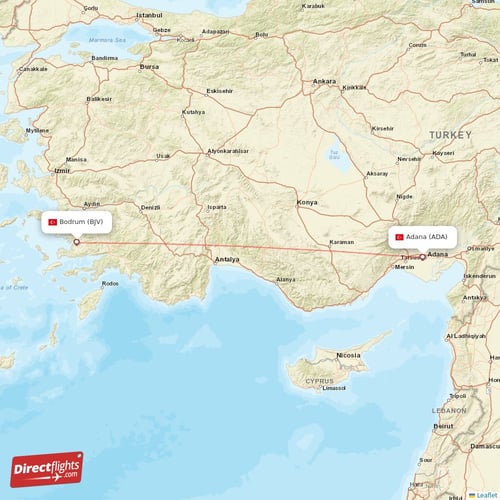 Adana - Bodrum direct flight map
