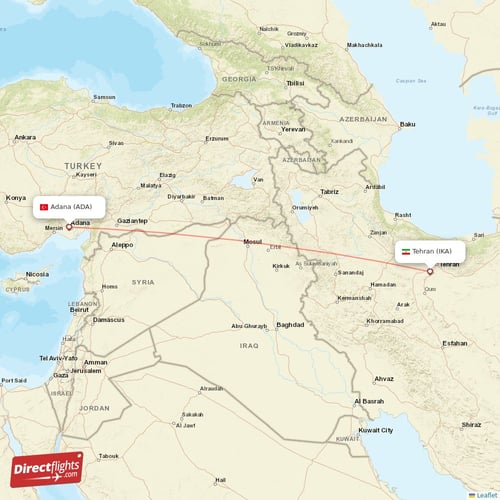 Adana - Tehran direct flight map