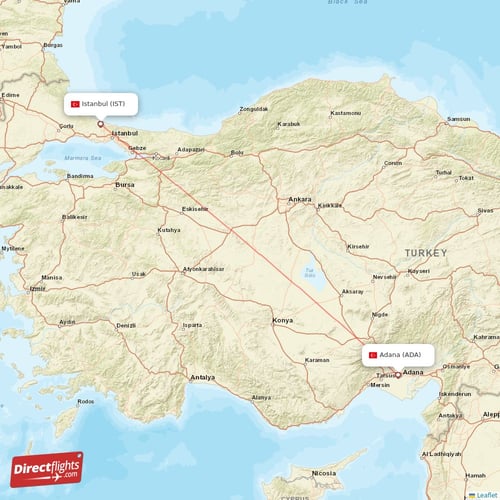 Adana - Istanbul direct flight map