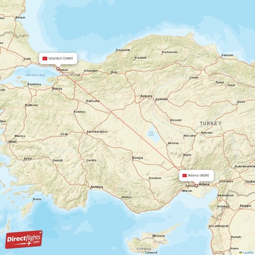 Adana - Istanbul direct flight map