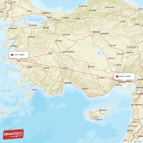 Izmir - Adana direct flight map