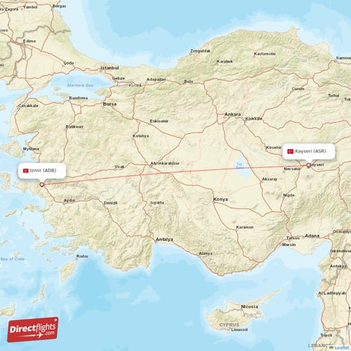 Izmir - Kayseri direct flight map