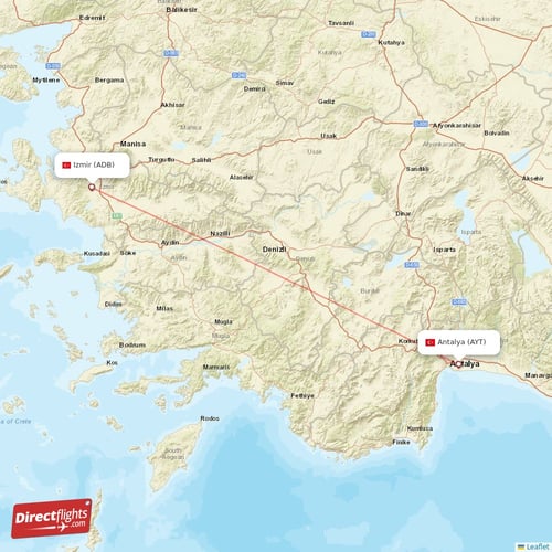 Izmir - Antalya direct flight map
