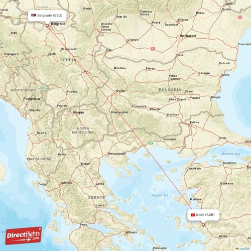 Izmir - Belgrade direct flight map