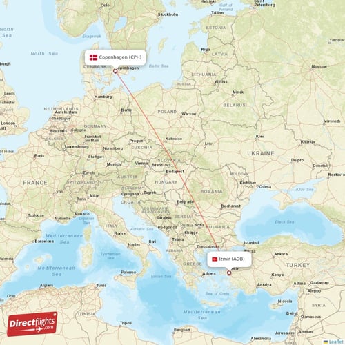 Izmir - Copenhagen direct flight map
