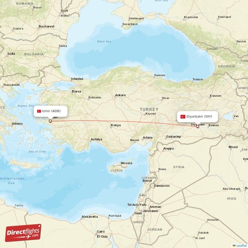 Izmir - Diyarbakir direct flight map
