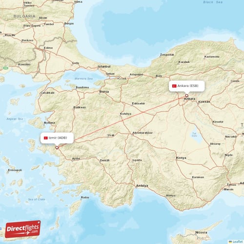 Izmir - Ankara direct flight map