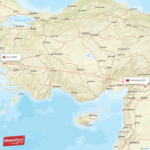 Izmir - Gaziantep direct flight map