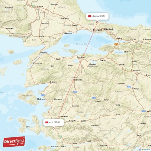 Izmir - Istanbul direct flight map