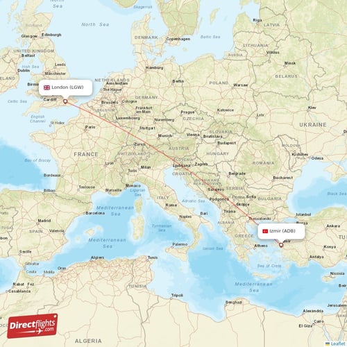 Izmir - London direct flight map