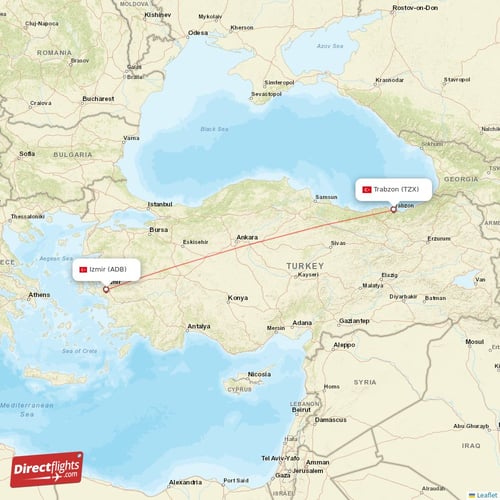 Izmir - Trabzon direct flight map