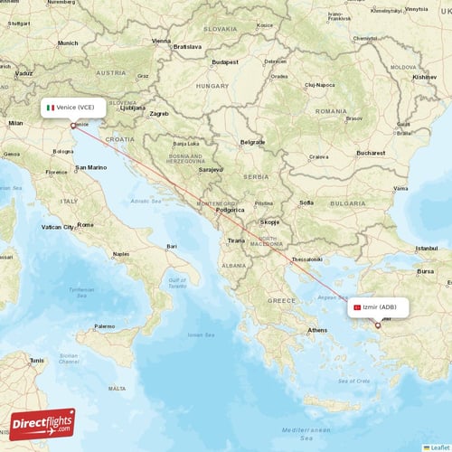 Izmir - Venice direct flight map