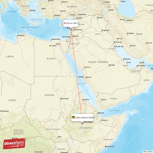 Addis Ababa - Beirut direct flight map