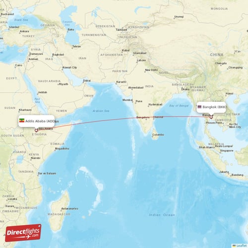 Addis Ababa - Bangkok direct flight map