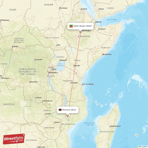 Addis Ababa - Blantyre direct flight map