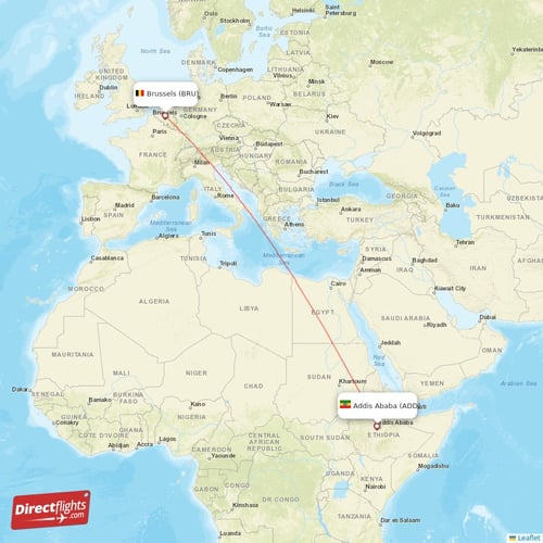 Addis Ababa - Brussels direct flight map
