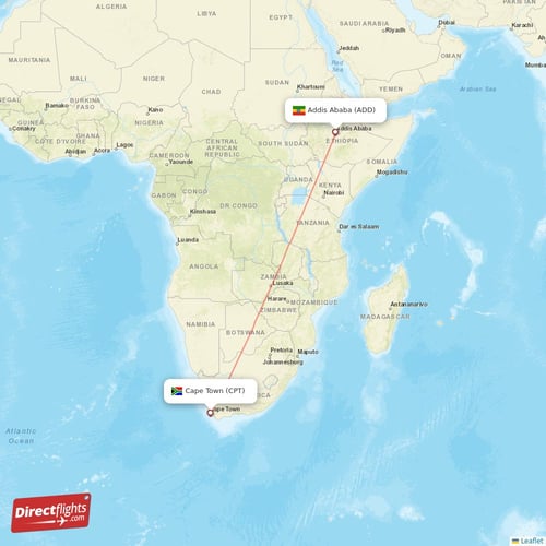 Addis Ababa - Cape Town direct flight map