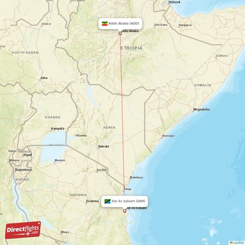 Addis Ababa - Dar Es Salaam direct flight map