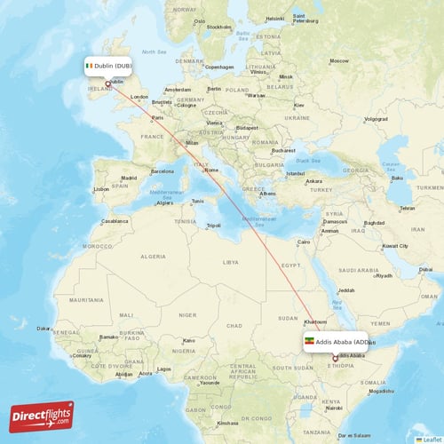 Addis Ababa - Dublin direct flight map