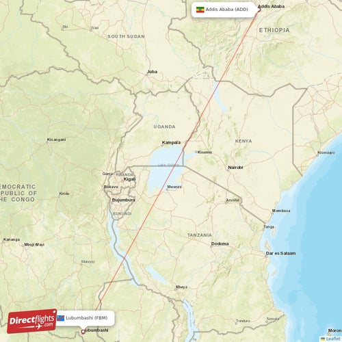 Addis Ababa - Lubumbashi direct flight map