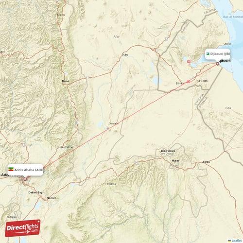 Addis Ababa - Djibouti direct flight map