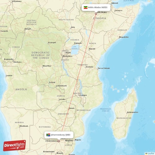 Addis Ababa - Johannesburg direct flight map